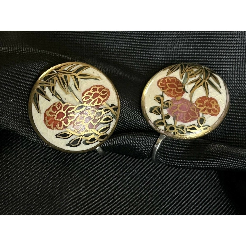 Enamel Floral Round Drop Earrings in Red and Gold